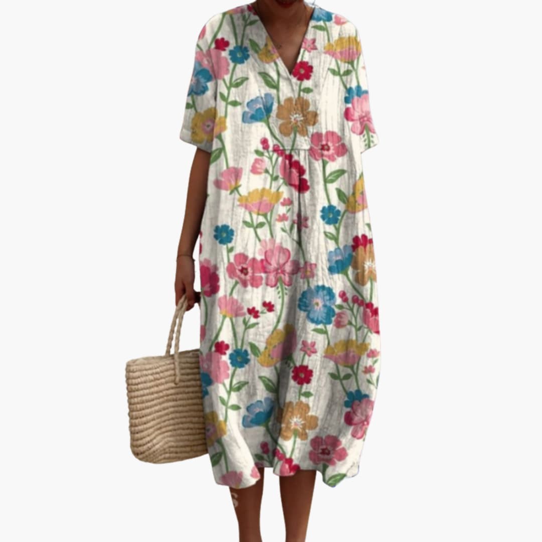 colorful floral V-neck midi dress with short sleeves and oversized fit