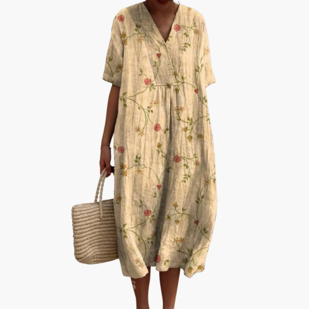 beige floral V-neck midi dress with vine print and short sleeves