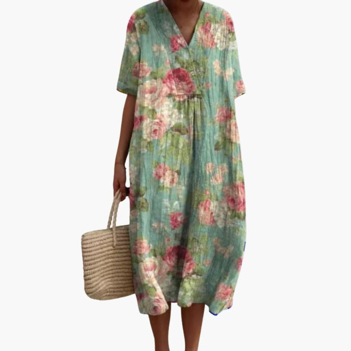 mint green rose print V-neck midi dress with short sleeves