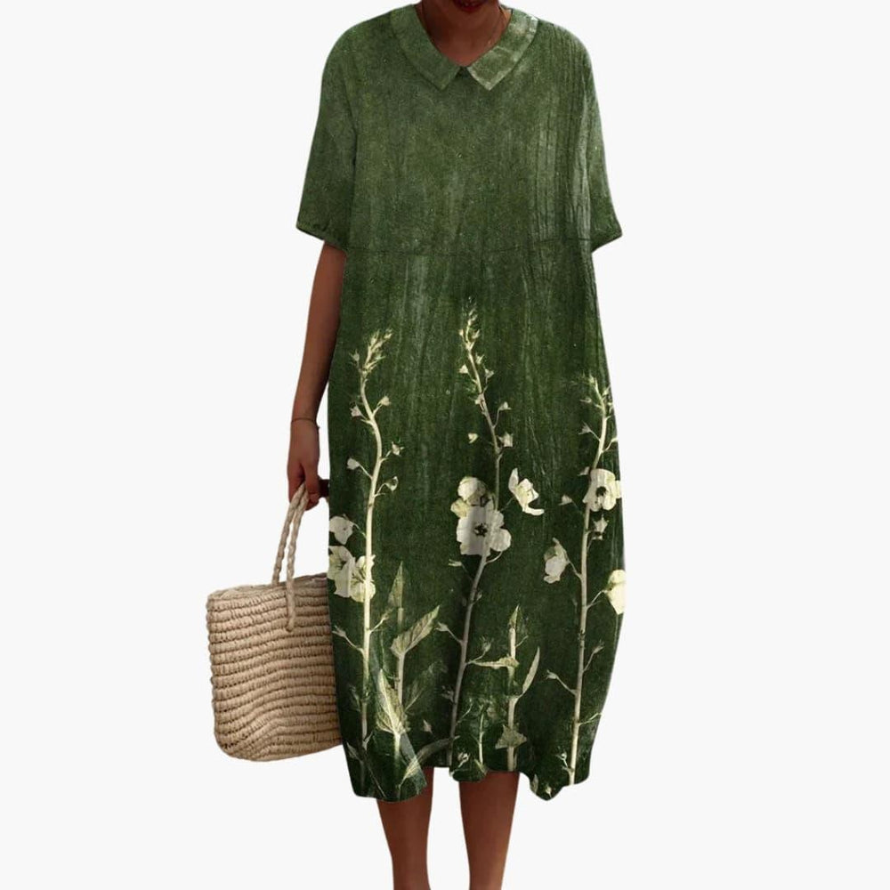green floral collared midi dress with short sleeves and botanical print