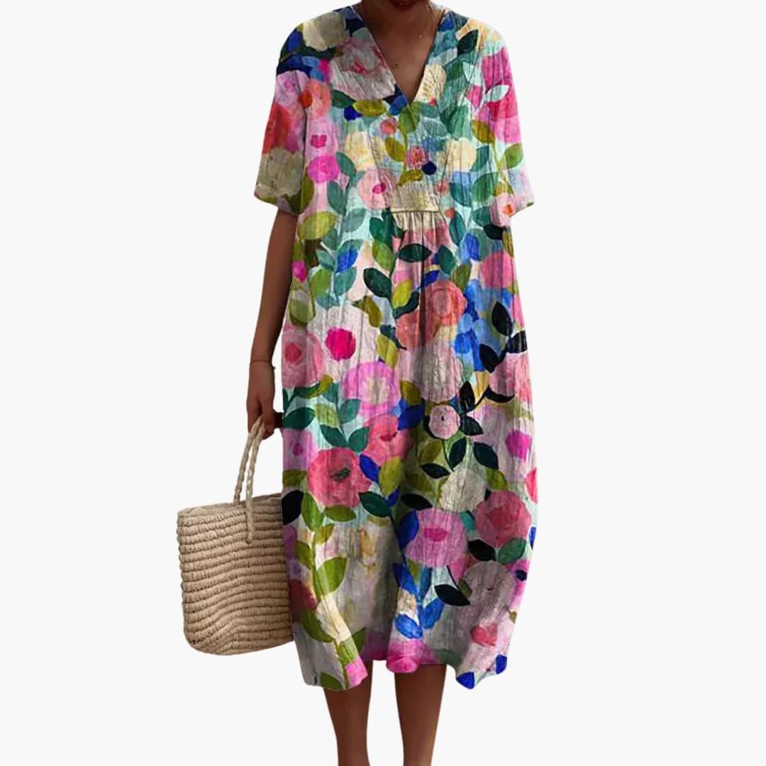 multicolor floral V-neck midi dress with oversized silhouette and short sleeves