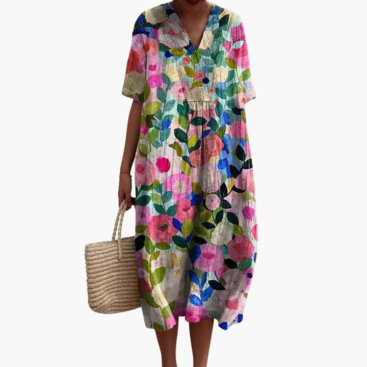 multicolor floral V-neck midi dress with oversized silhouette and short sleeves