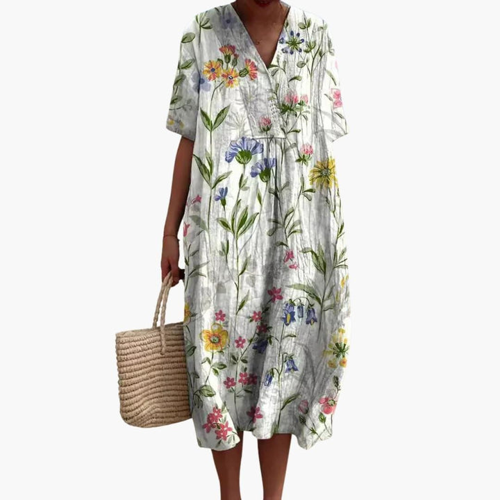white wildflower print V-neck midi dress with short sleeves