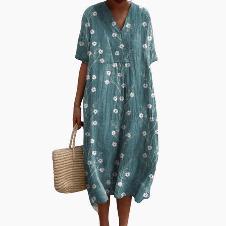 teal daisy print V-neck midi dress with oversized flowy fit