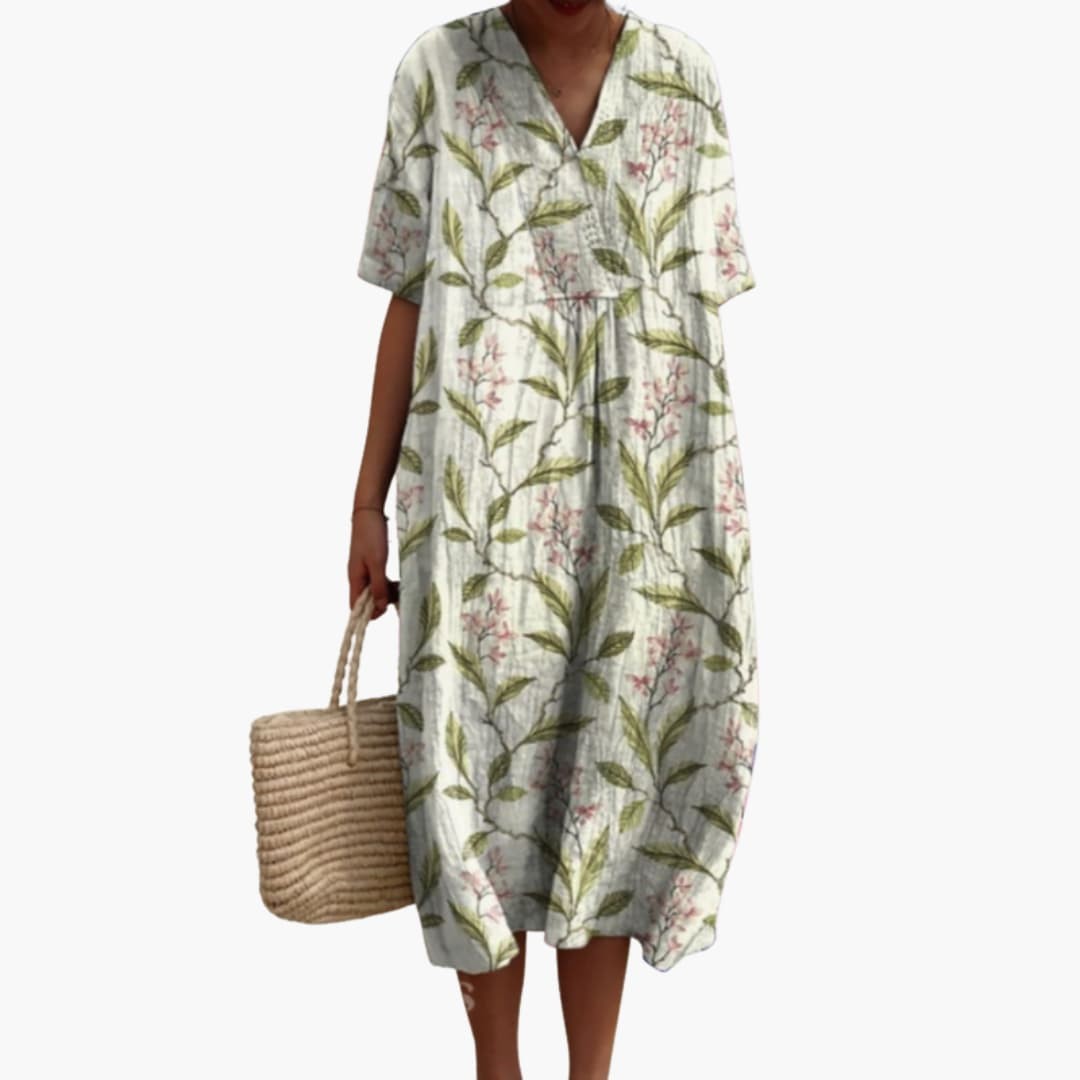 botanical leaf print V-neck midi dress with short sleeves