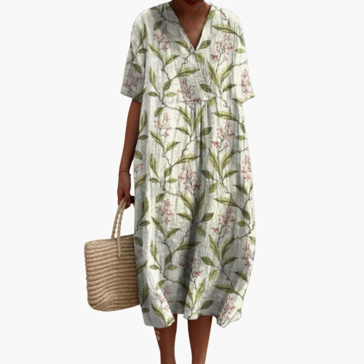 botanical leaf print V-neck midi dress with short sleeves