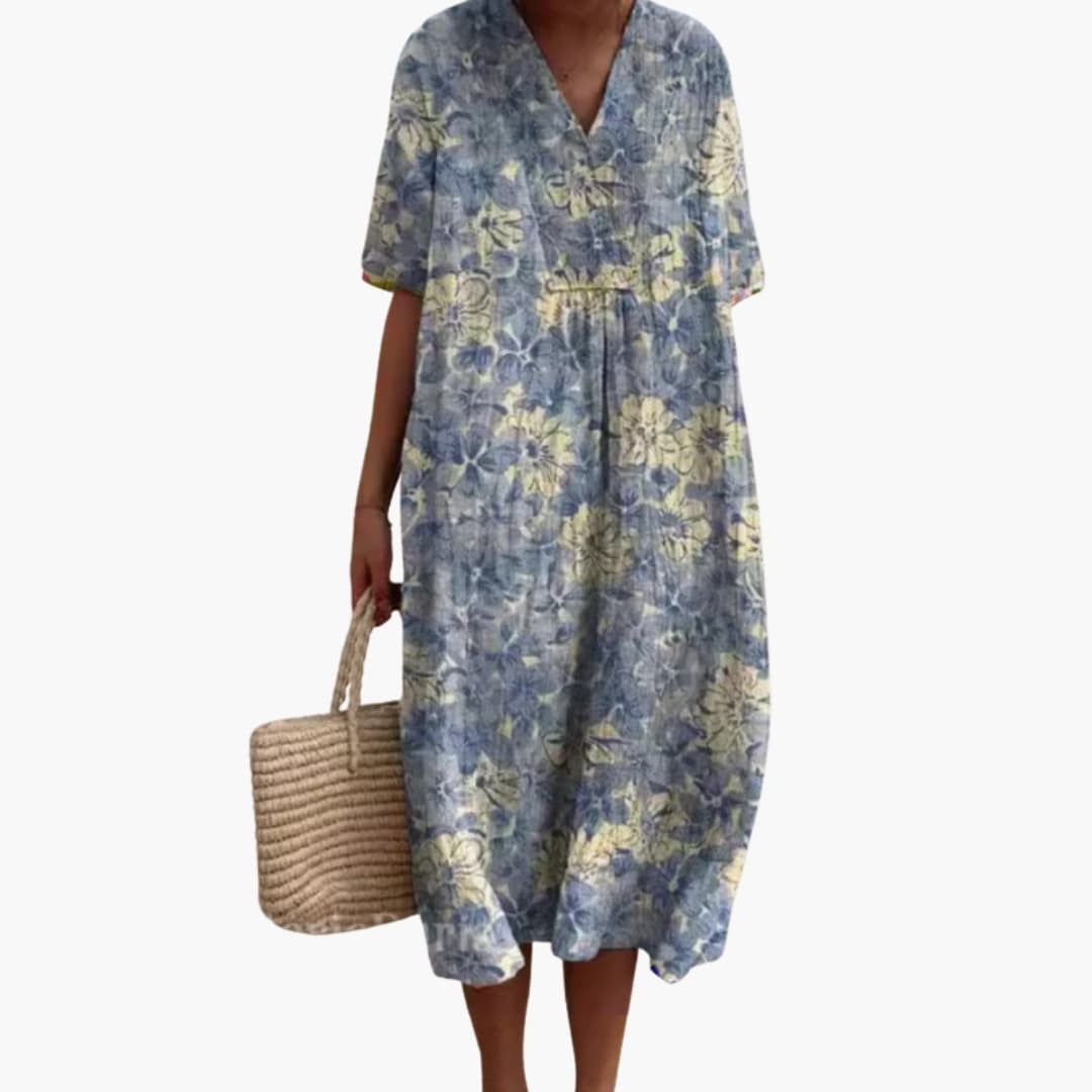 blue floral V-neck midi dress with oversized short-sleeve design