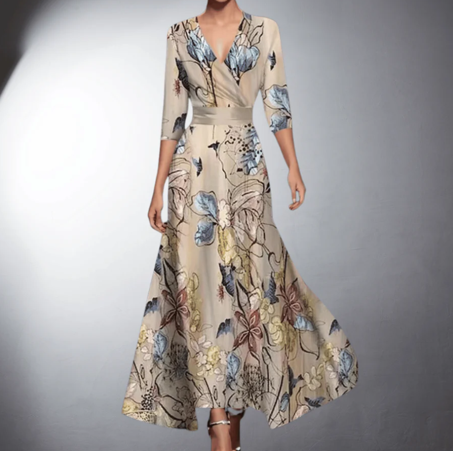 Beige floral maxi dress with V-neck and three-quarter sleeves