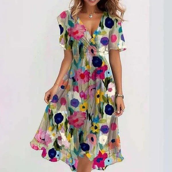 colorful floral print wrap dress with V-neck and short flutter sleeves