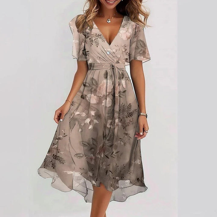 beige floral print chiffon wrap dress with ruffled hem and V-neck