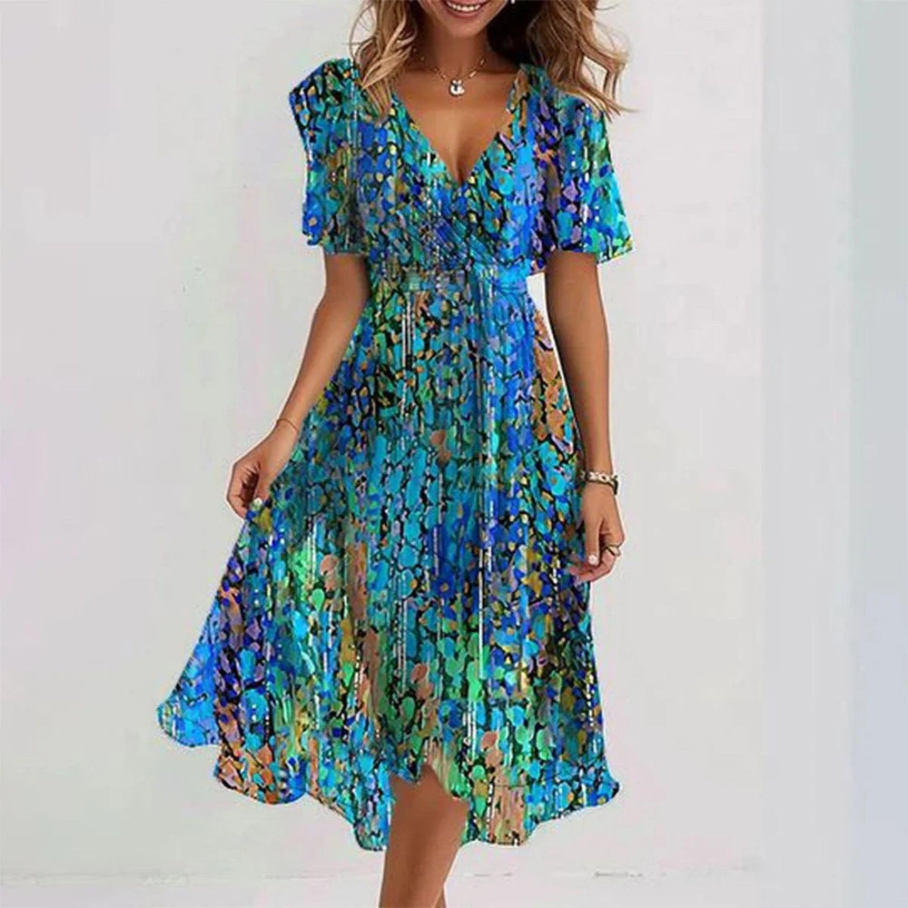 Blue multicolor sequin print wrap dress with flutter sleeves and midi hem