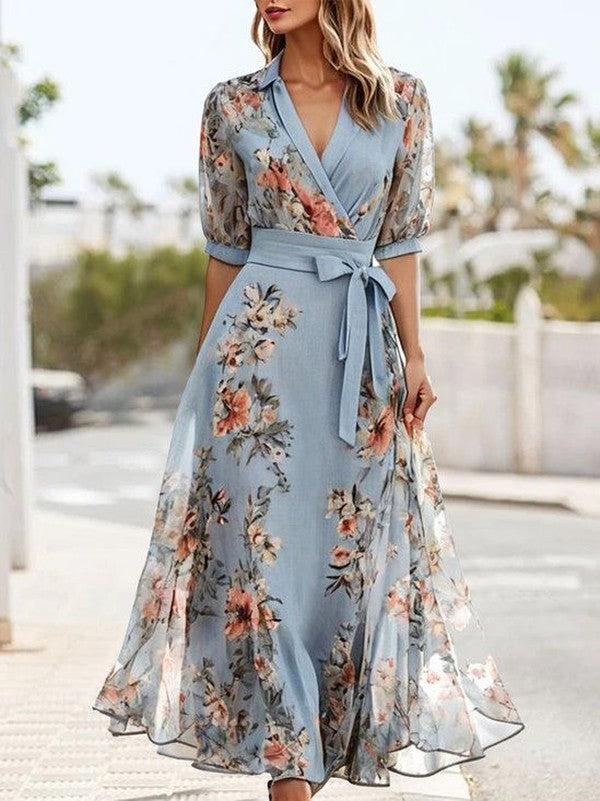 Light blue floral wrap midi dress with tie waist and half sleeves