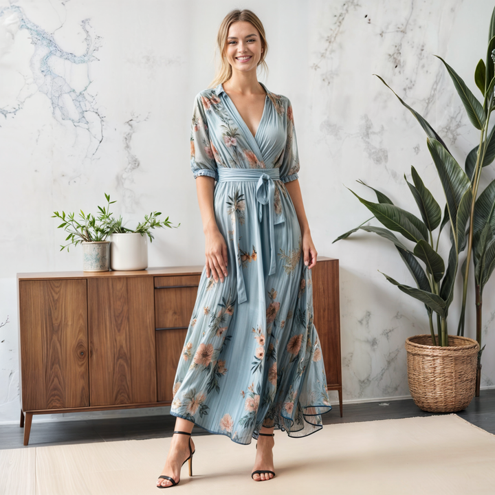 V-neck floral maxi dress in dusty blue with belted waist and heels