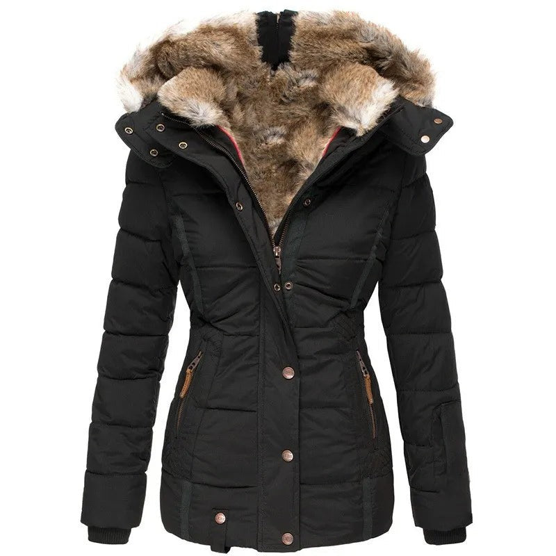 Black quilted puffer coat with faux fur trimmed hood and zip front