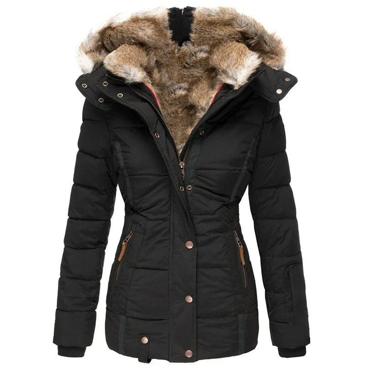Black quilted puffer coat with faux fur trimmed hood and zip front
