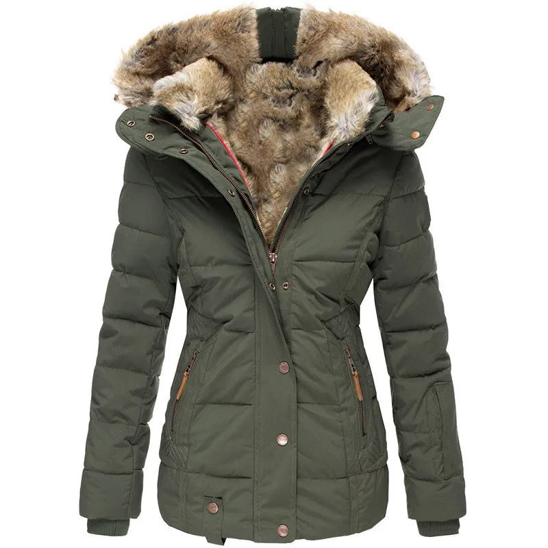 Olive green quilted parka with faux fur hood and snap pockets