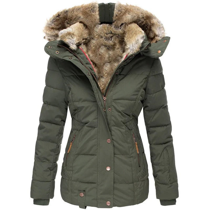 Olive green quilted parka with faux fur hood and snap pockets