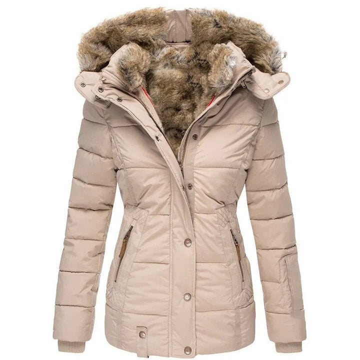 Beige quilted puffer jacket with faux fur hood and cinched waist