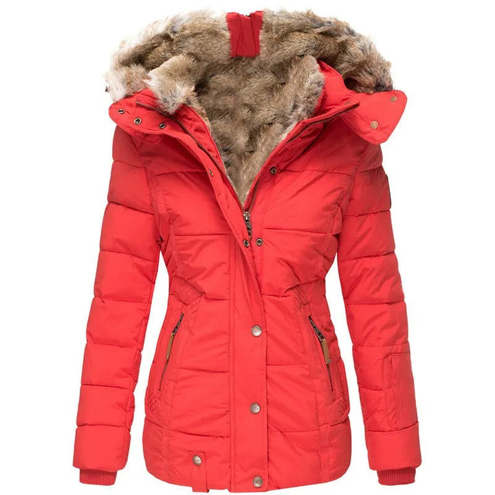 Red quilted winter coat with faux fur trimmed hood and zip pockets