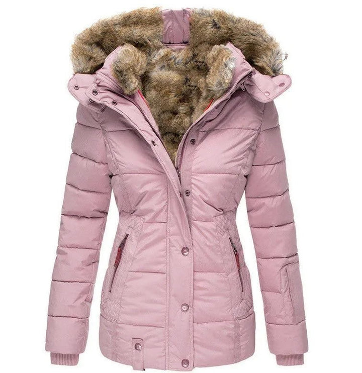 Pink quilted puffer jacket with faux fur hood and fitted waist
