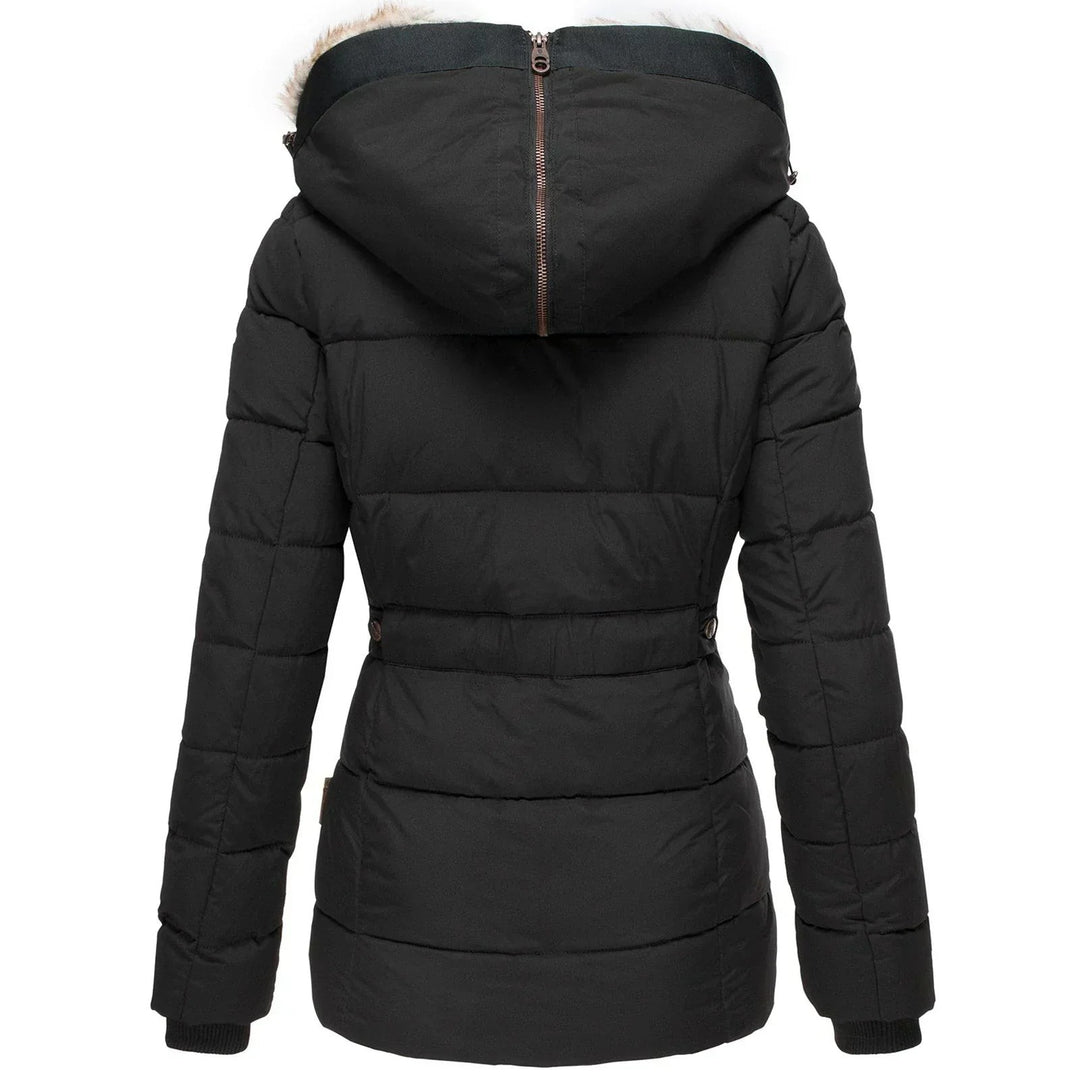 Back view of black puffer coat with faux fur hood and zipper detail
