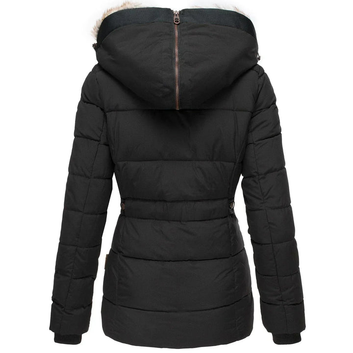 Back view of black puffer coat with faux fur hood and zipper detail