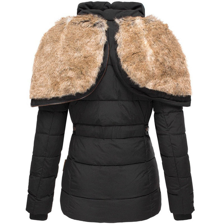 Black puffer jacket with detachable faux fur shrug and hooded collar