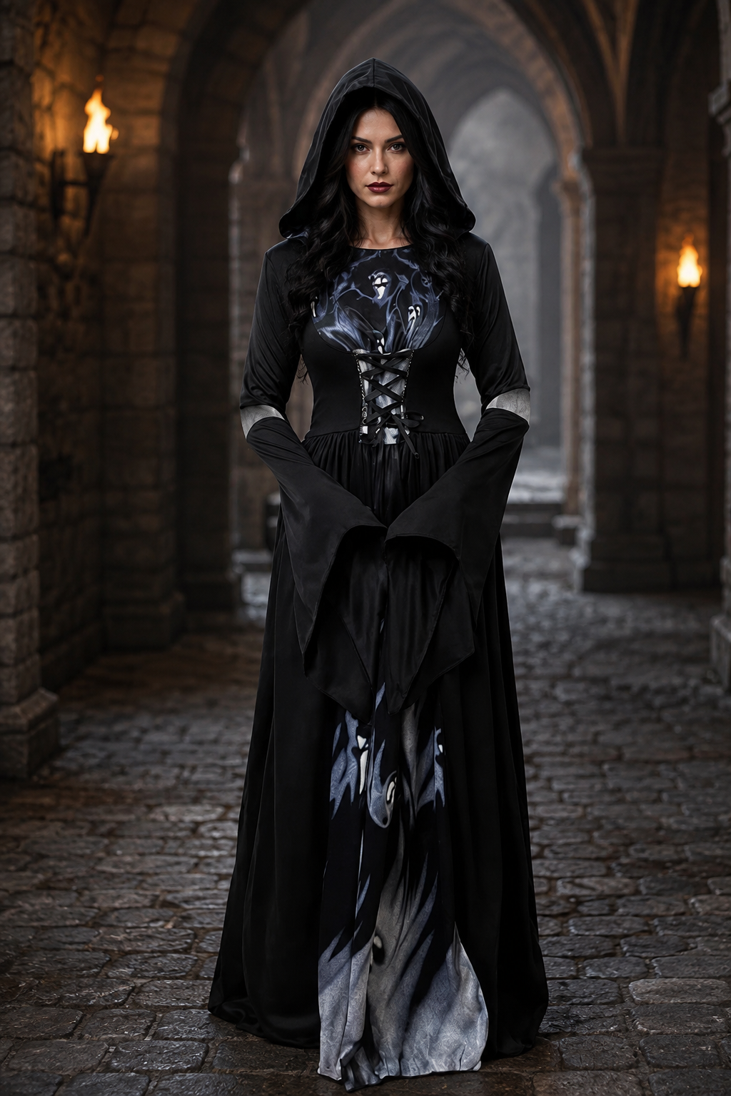 black hooded witch costume dress with ghost print and lace-up bodice, front view