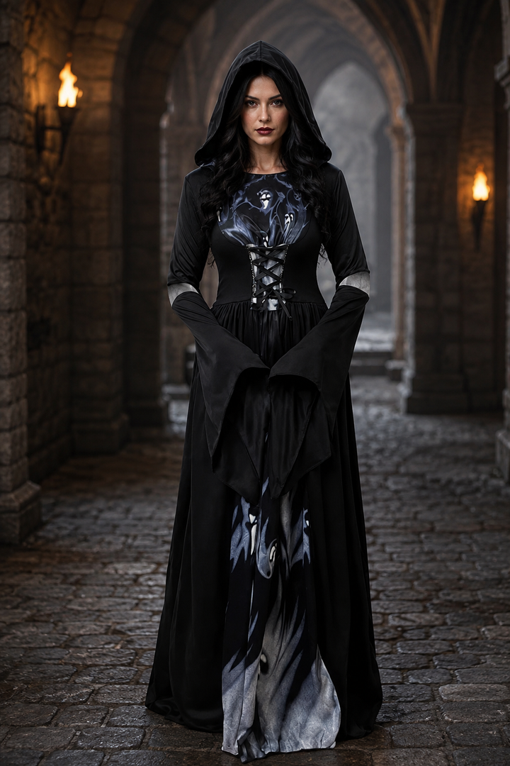 black hooded witch costume dress with ghost print and lace-up bodice, front view