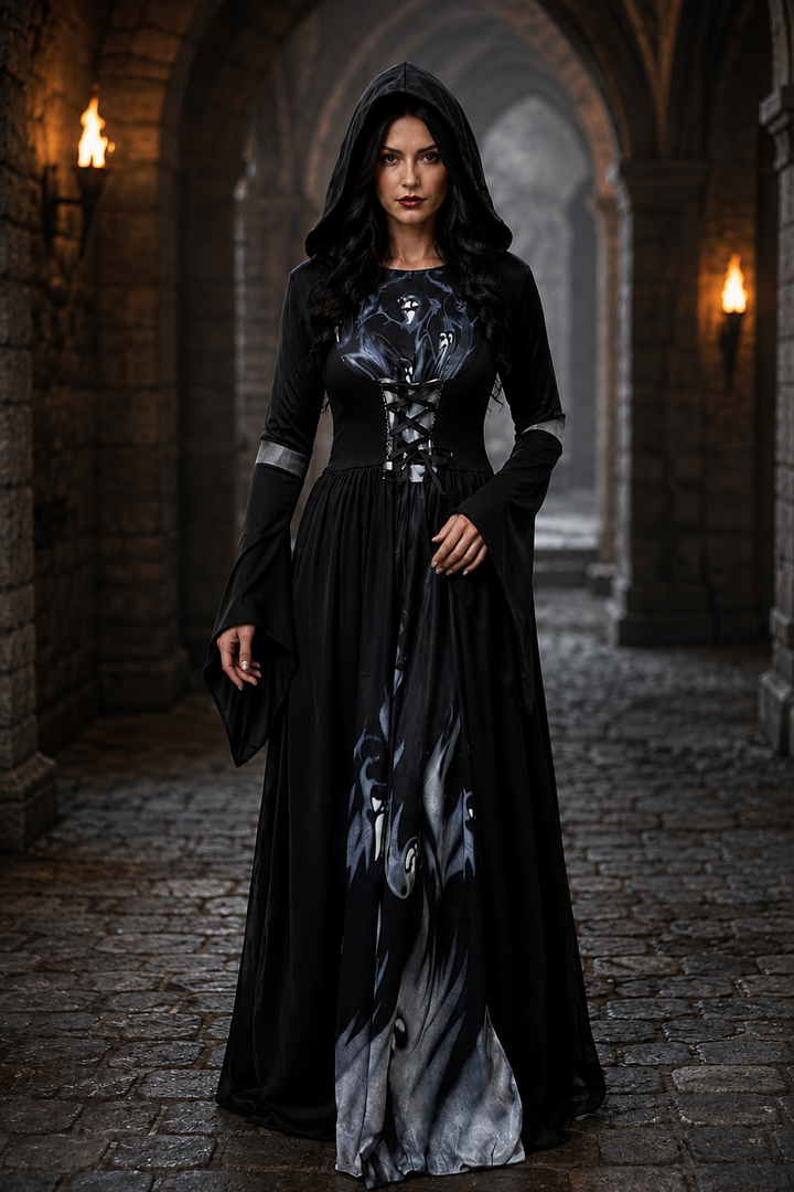 woman wearing gothic hooded gown with corset lacing and bell sleeves in stone hallway