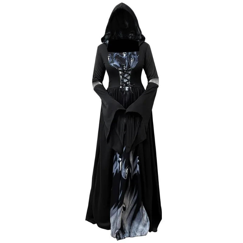 long black hooded dress with ghost-print skirt panel and bell sleeves, flat front view