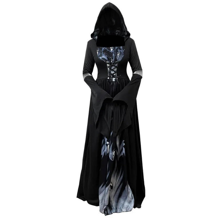 long black hooded dress with ghost-print skirt panel and bell sleeves, flat front view