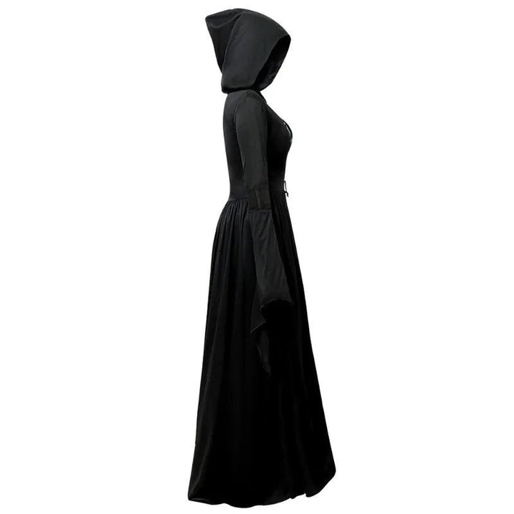 side profile of black hooded gothic costume dress showing draped bell sleeve and flowing skirt