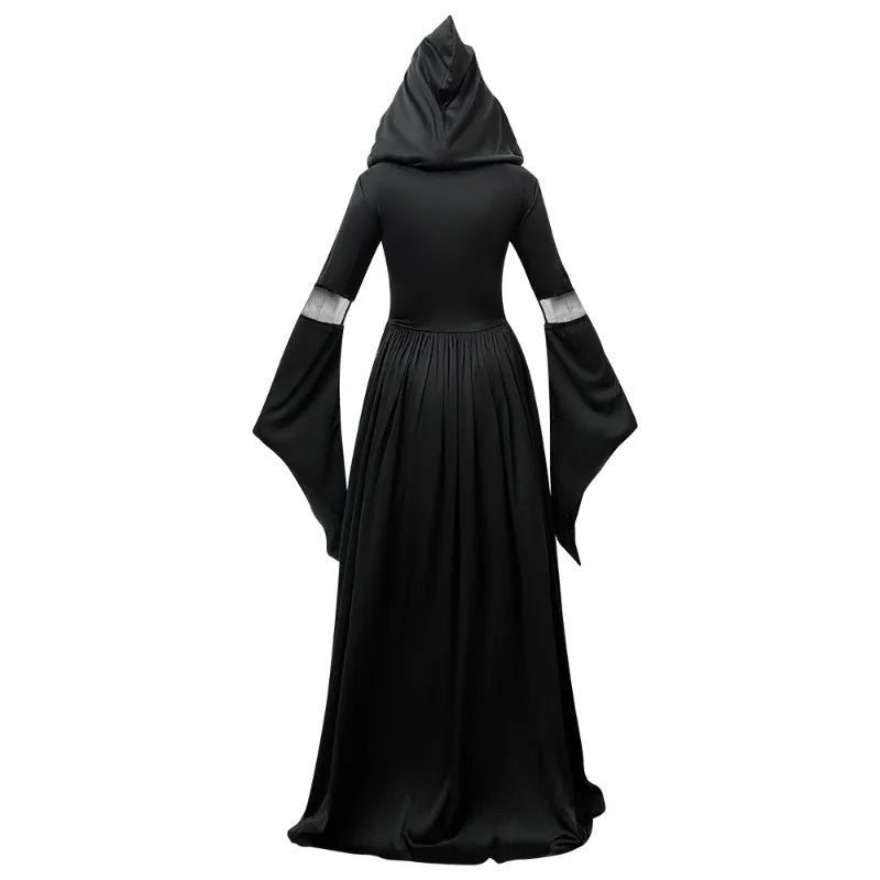 back view of black hooded witch dress with sheer sleeve panels and flowing train
