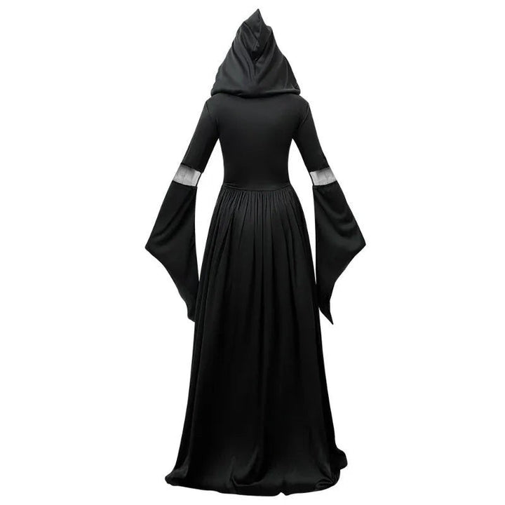 back view of black hooded witch dress with sheer sleeve panels and flowing train