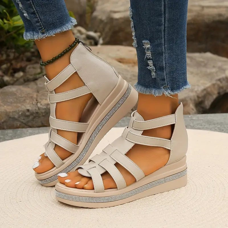 cream strappy wedge sandals with woven front straps and sparkly sole