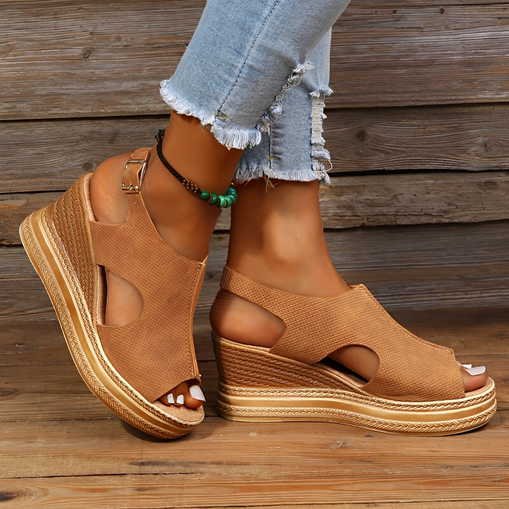 Tan suede cutout wedge sandals with braided espadrille platform sole