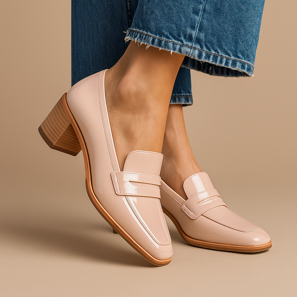 Nude patent leather block-heel loafers with penny strap detail
