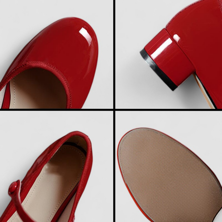 Close-up details of red patent leather Mary Jane shoe and sole