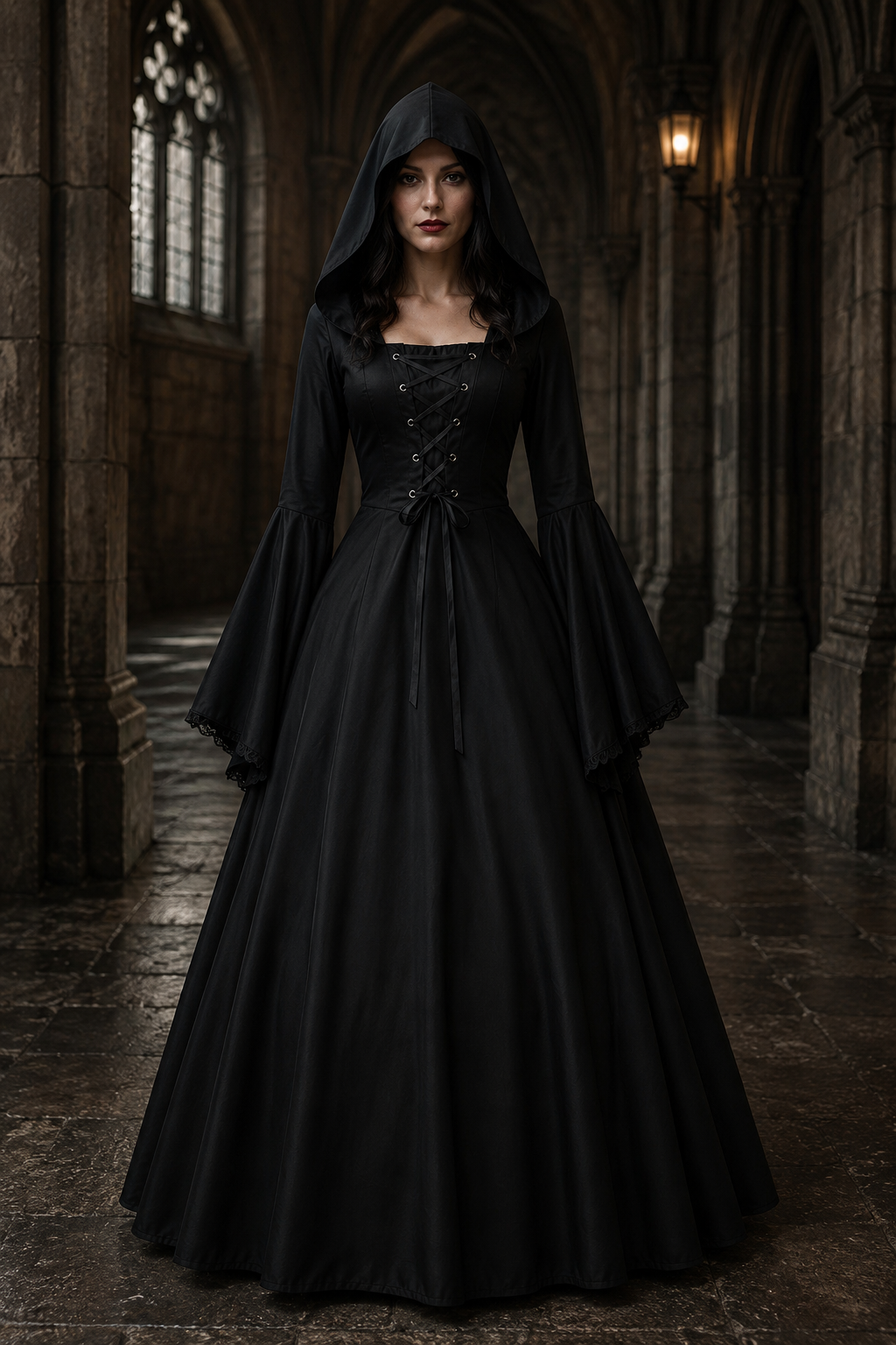 Black hooded gothic gown with lace-up bodice and bell sleeves in castle hallway