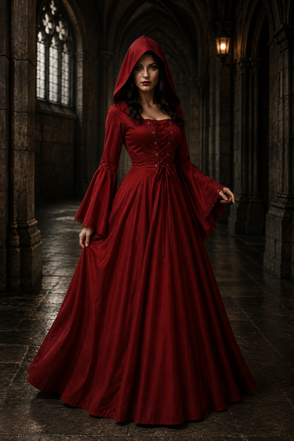 Deep red hooded medieval gown featuring corset lacing and flared sleeves