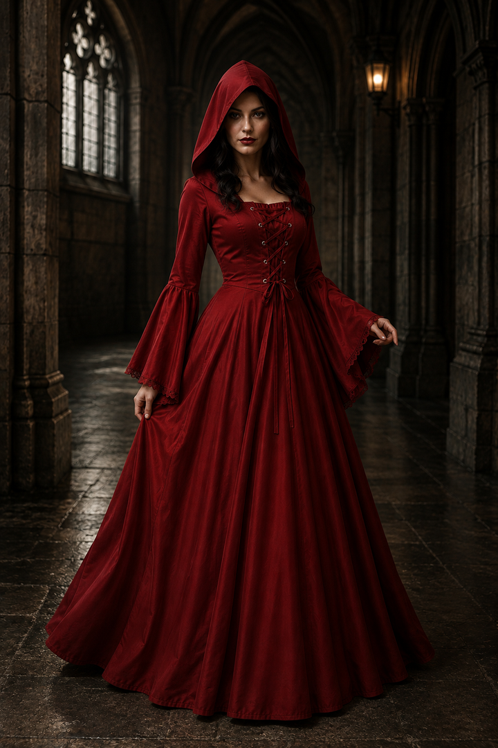 Deep red hooded medieval gown featuring corset lacing and flared sleeves