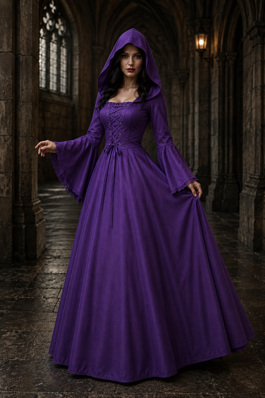 Purple hooded gothic dress with lace-up front and dramatic bell sleeves