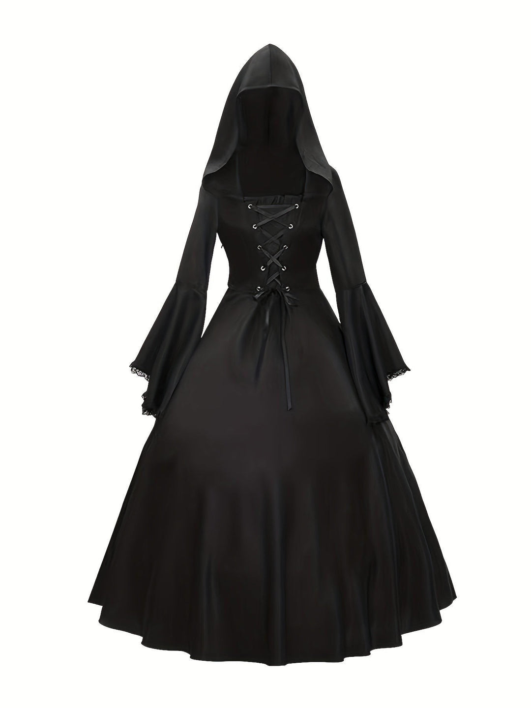 Black lace-up hooded gothic gown with flowing skirt shown on white background
