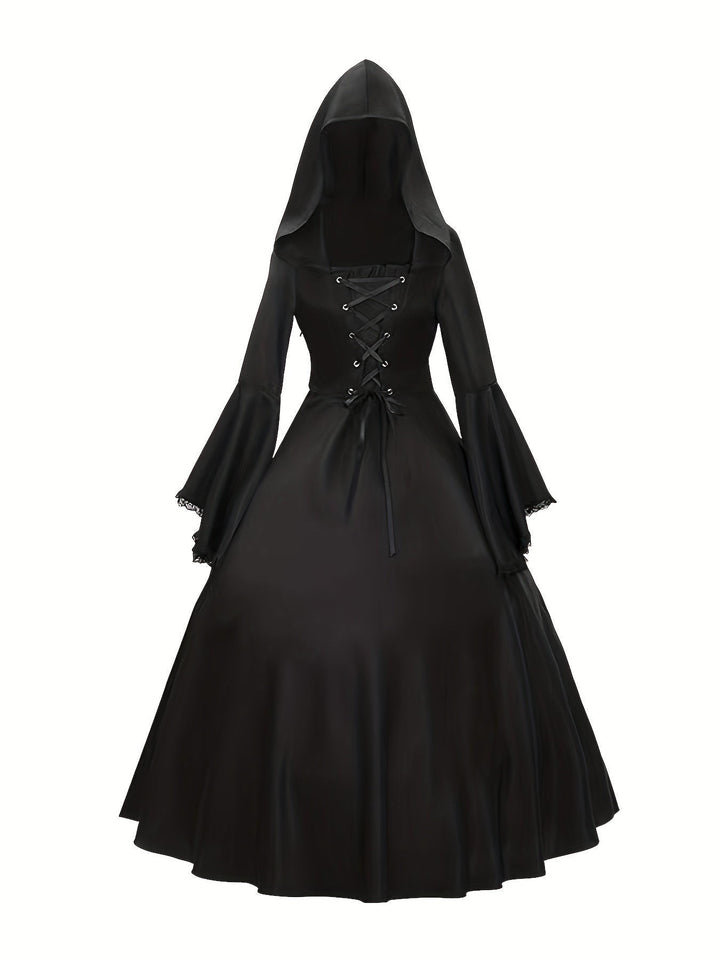 Black lace-up hooded gothic gown with flowing skirt shown on white background