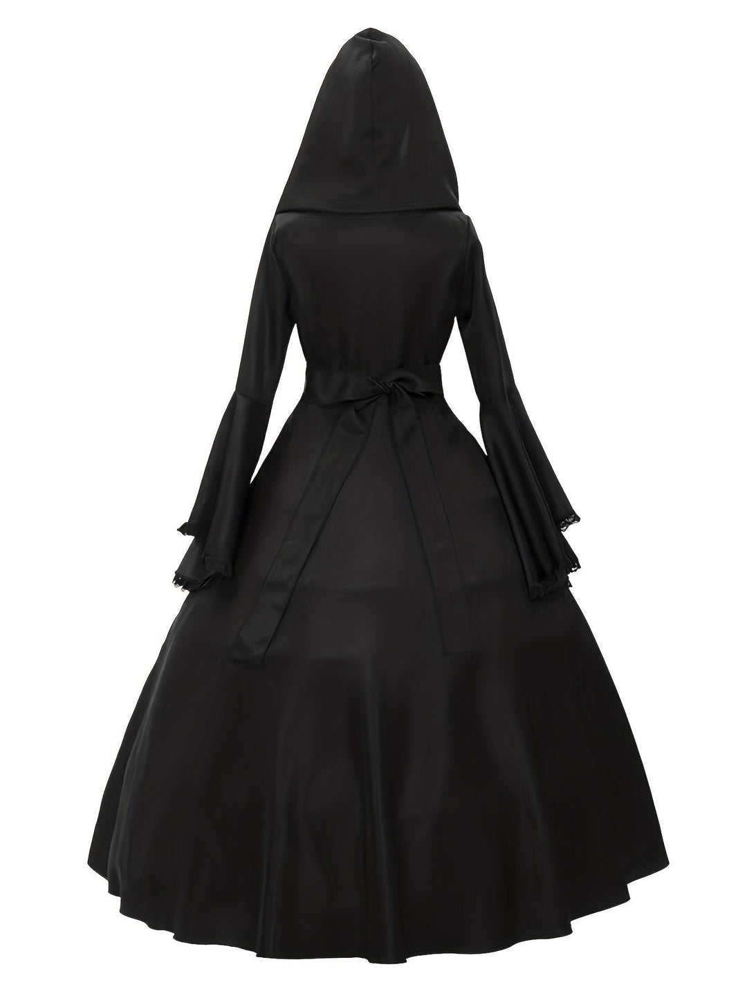 Back view of black hooded gothic dress with tie belt and bell sleeves