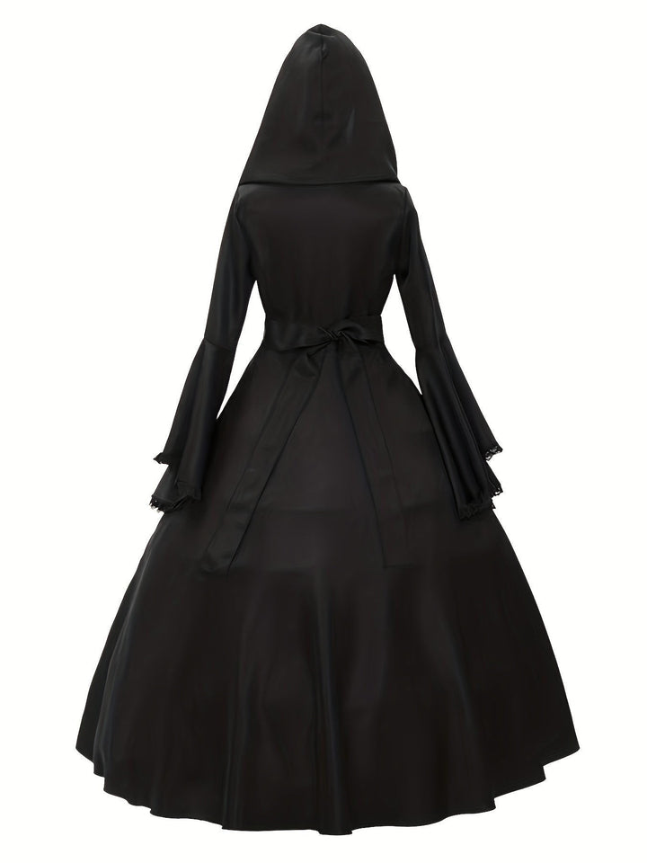 Back view of black hooded gothic dress with tie belt and bell sleeves
