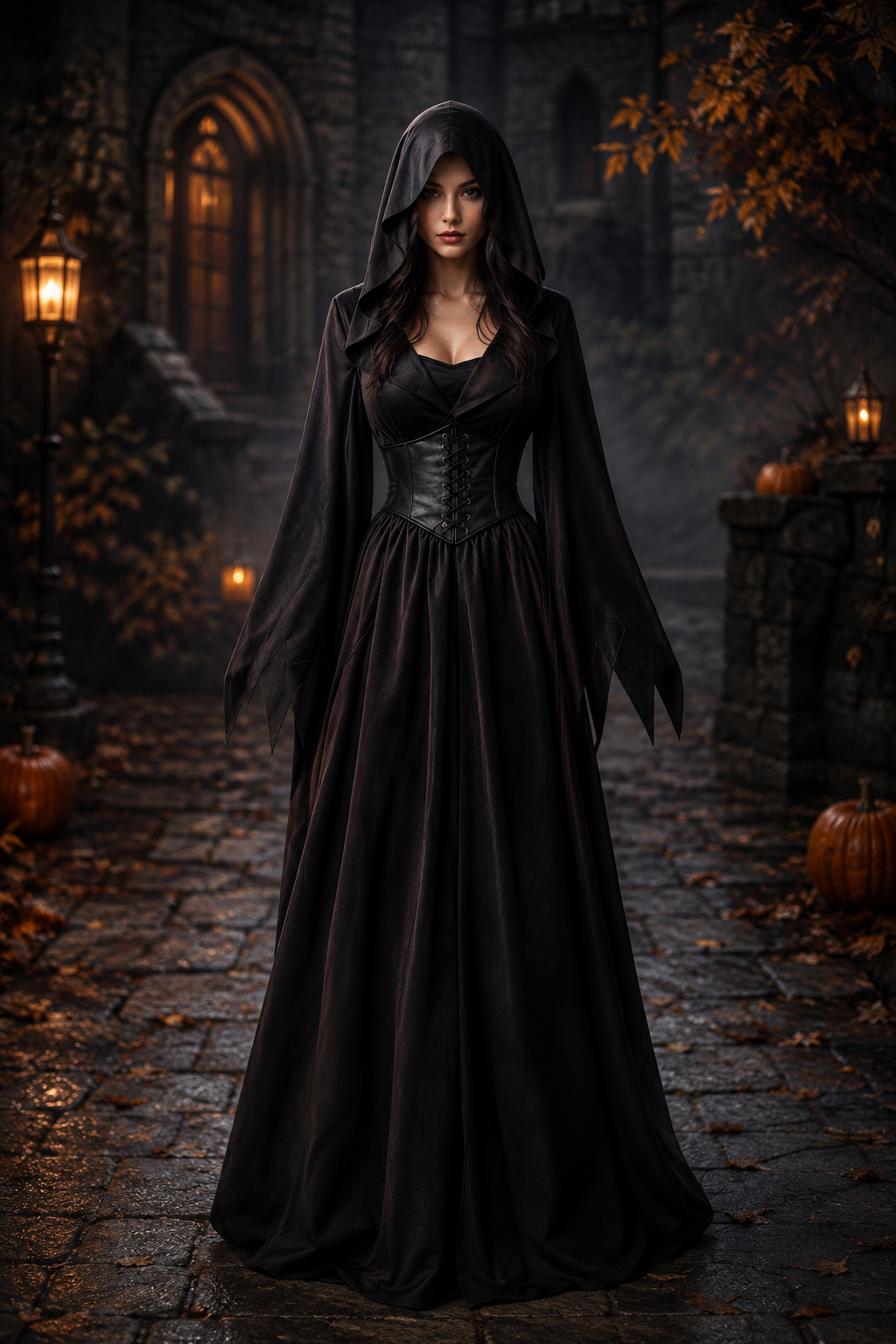 black hooded gothic gown with corset waist and pointed sleeves on model outdoors