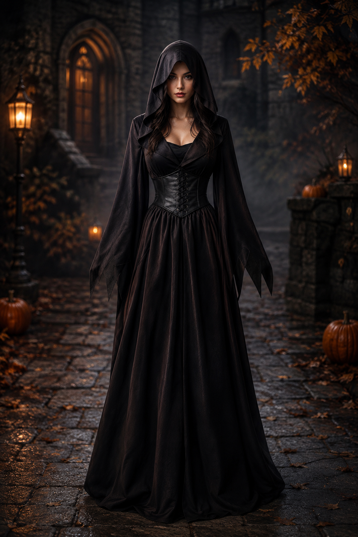 black hooded gothic gown with corset waist and pointed sleeves on model outdoors
