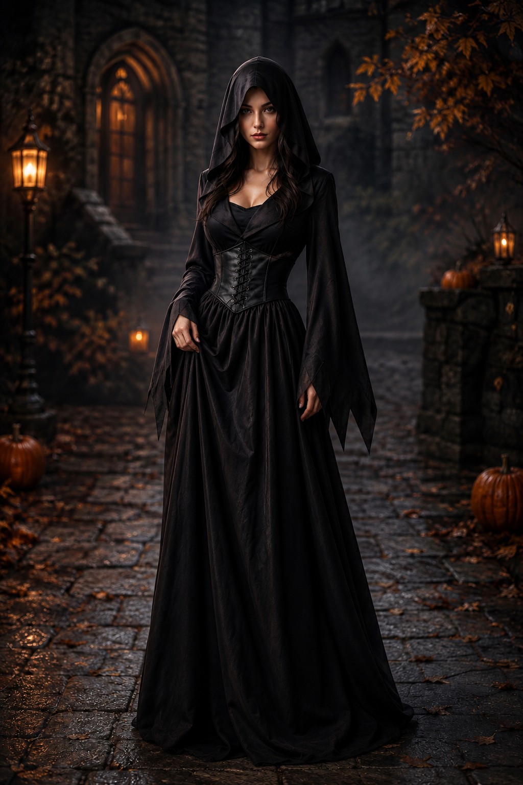front view of black velvet witch costume dress with laced corset bodice